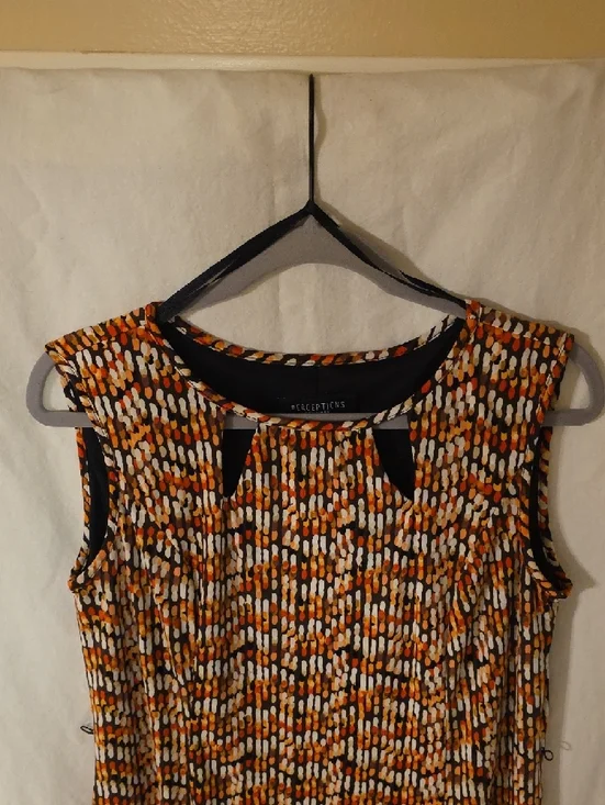 Perceptions Multicolor Pleated Midi Dress in Orange, Black and White - Picture 3 of 6